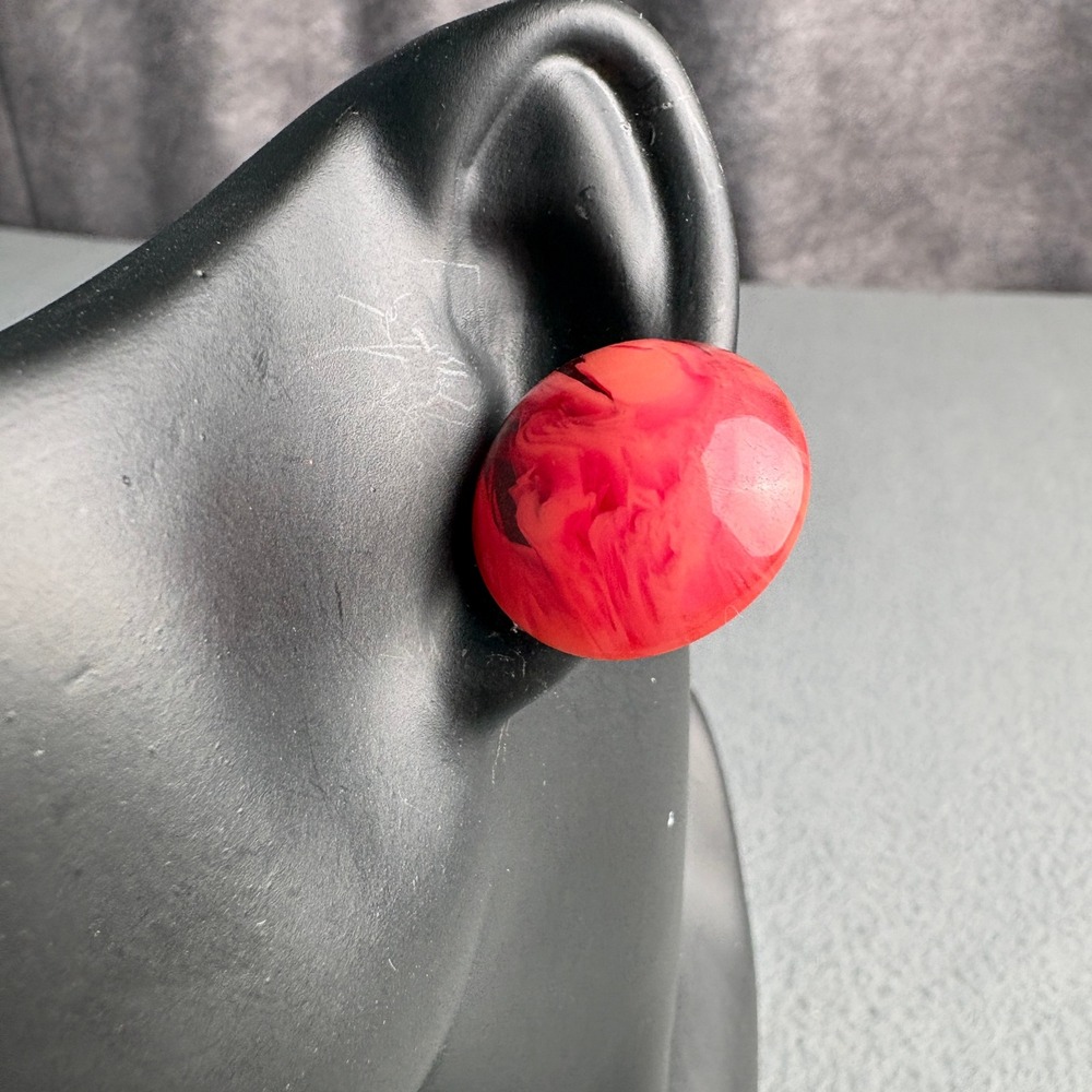 Vintage Red Marbled Resin Clip On Earrings Large Round Dome Studs Retro Style